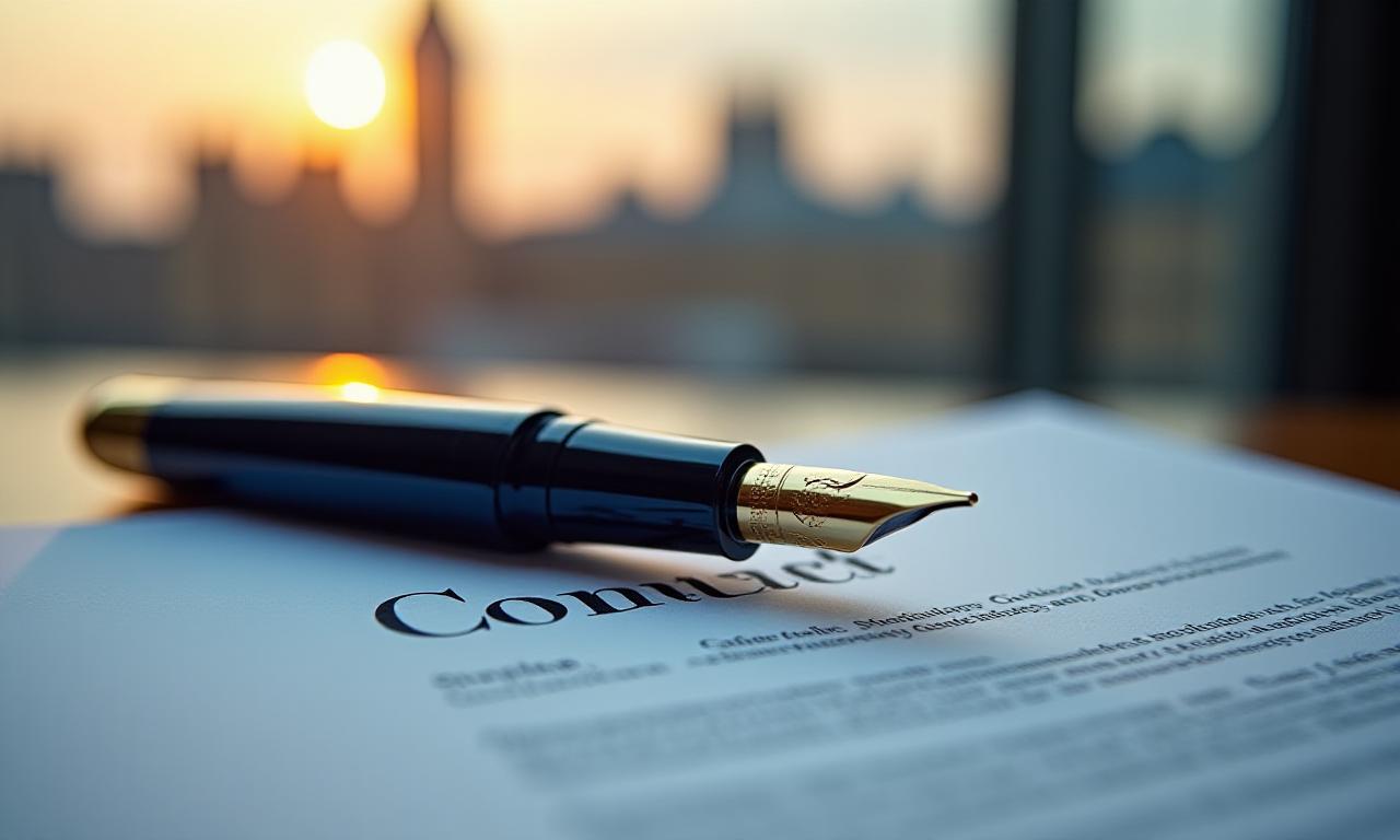 Close-up of a high-end fountain pen resting on a detailed legal contract with the London skyline in the soft-focus background